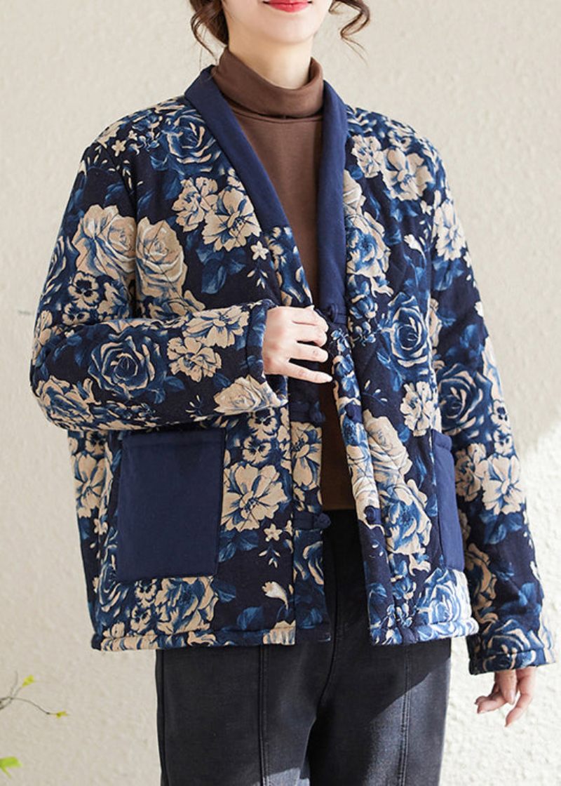 Nye Navy V-hals Print Lommer Varm Fleece Parka Vinter - Dame dunjakker