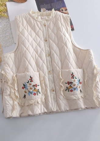 Økologisk Beige Broderet Flæsede Patchwork Binde Veste Vinter