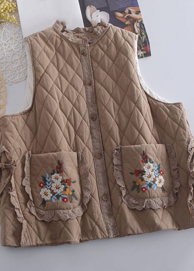 Økologisk Beige Broderet Flæsede Patchwork Binde Veste Vinter - Beige