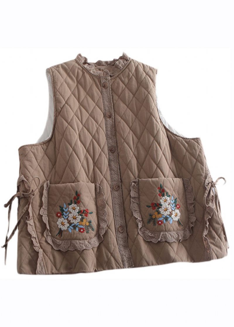 Økologisk Beige Broderet Flæsede Patchwork Binde Veste Vinter - Beige