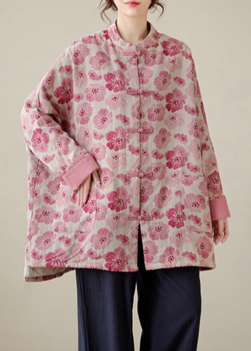 Økologisk Pink Oversized Print Fin Bomuld Fyldt Frakke Outwear Winter - Dame dunjakker