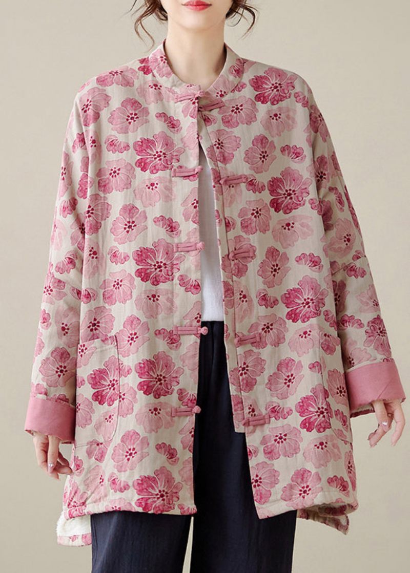 Økologisk Pink Oversized Print Fin Bomuld Fyldt Frakke Outwear Winter - Dame dunjakker