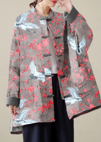 Organic Grey Crane Oversized Print Fine Bomuld Fyldt Coat Outwear Winter