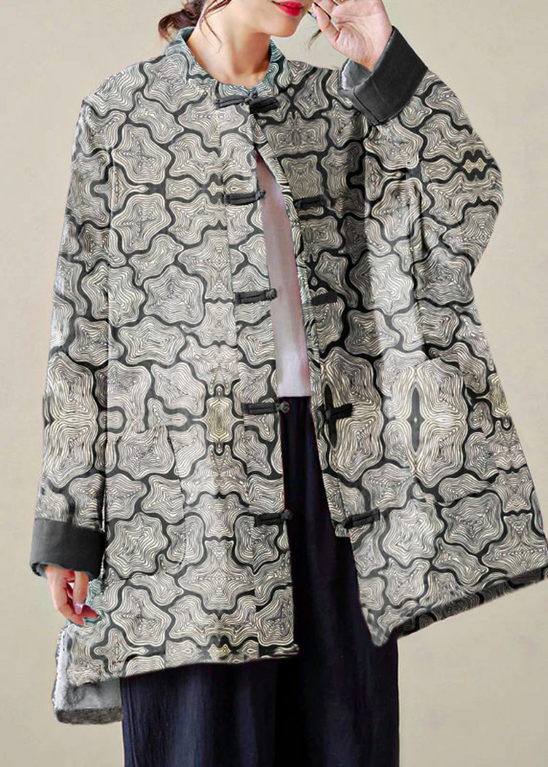 Organic Grey Crane Oversized Print Fine Bomuld Fyldt Coat Outwear Winter - Dame dunjakker