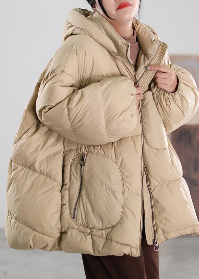 Organisk Khaki Stand Krave Lynlås Patchwork Hætte Duck Down Coat Vinter