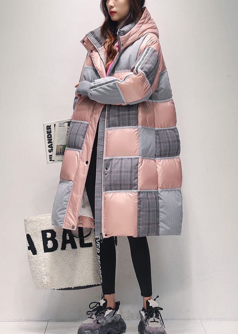 Original Pink Hooded Plaid Patchwork Duck Down Coat Winter