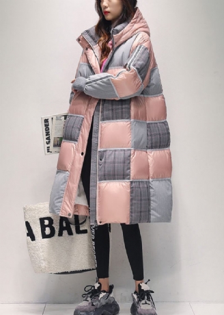 Original Pink Hooded Plaid Patchwork Duck Down Coat Winter