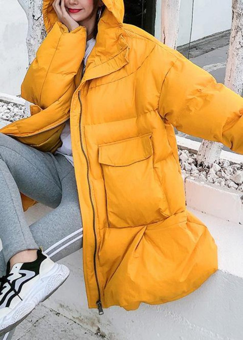 Oversized Dunjakke Store Lommer Vinter Outwear Gul Hætte Damefrakker