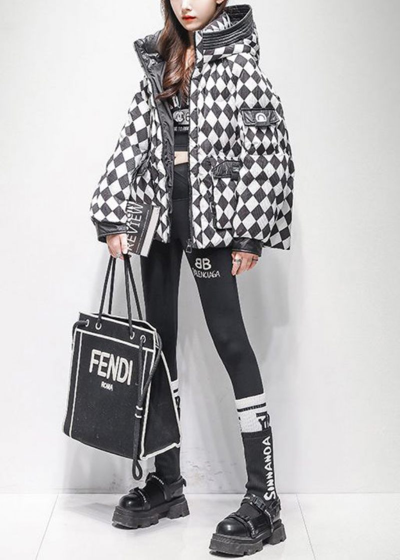 Oversized Sorte Hætte Plaid Lommer Andedun Jakker Vinter - Dame dunjakker