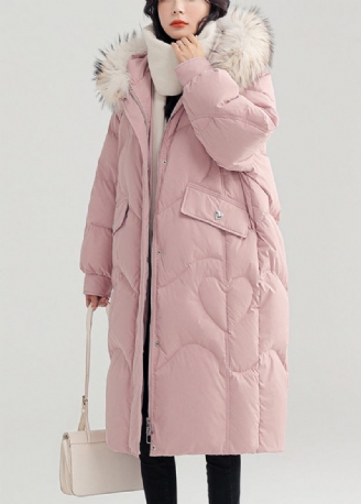 Pink Button Patchwork Duck Down Puffer Coat Zip Up Langærmet