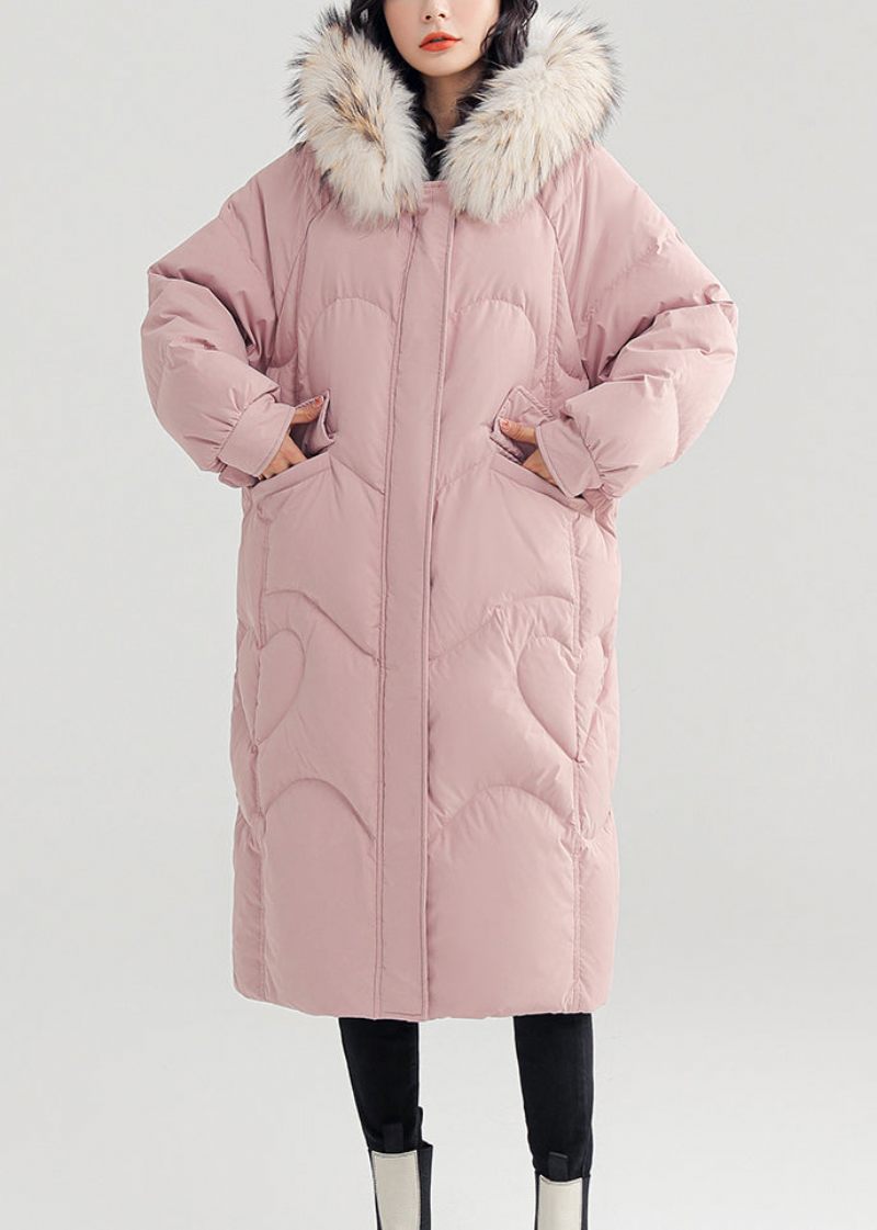 Pink Button Patchwork Duck Down Puffer Coat Zip Up Langærmet - Dame dunjakker