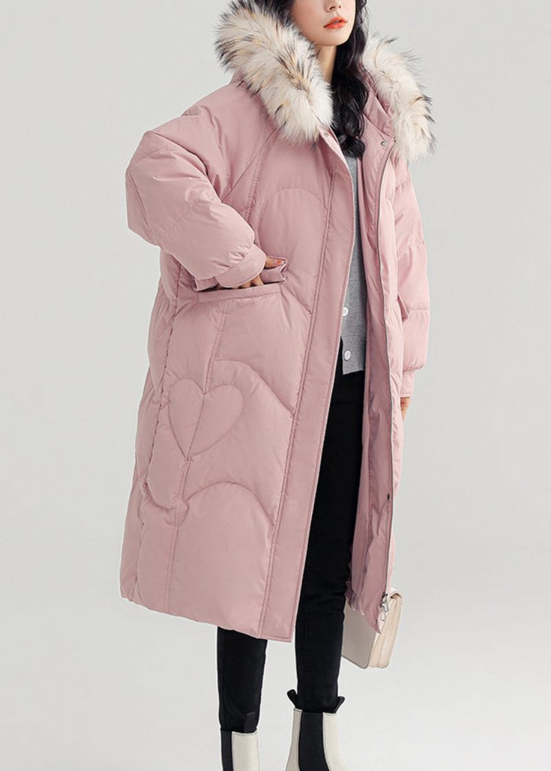 Pink Button Patchwork Duck Down Puffer Coat Zip Up Langærmet - Dame dunjakker