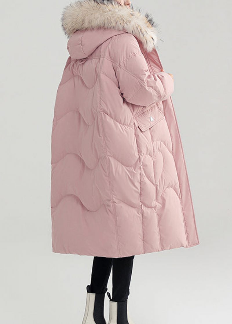 Pink Button Patchwork Duck Down Puffer Coat Zip Up Langærmet - Dame dunjakker