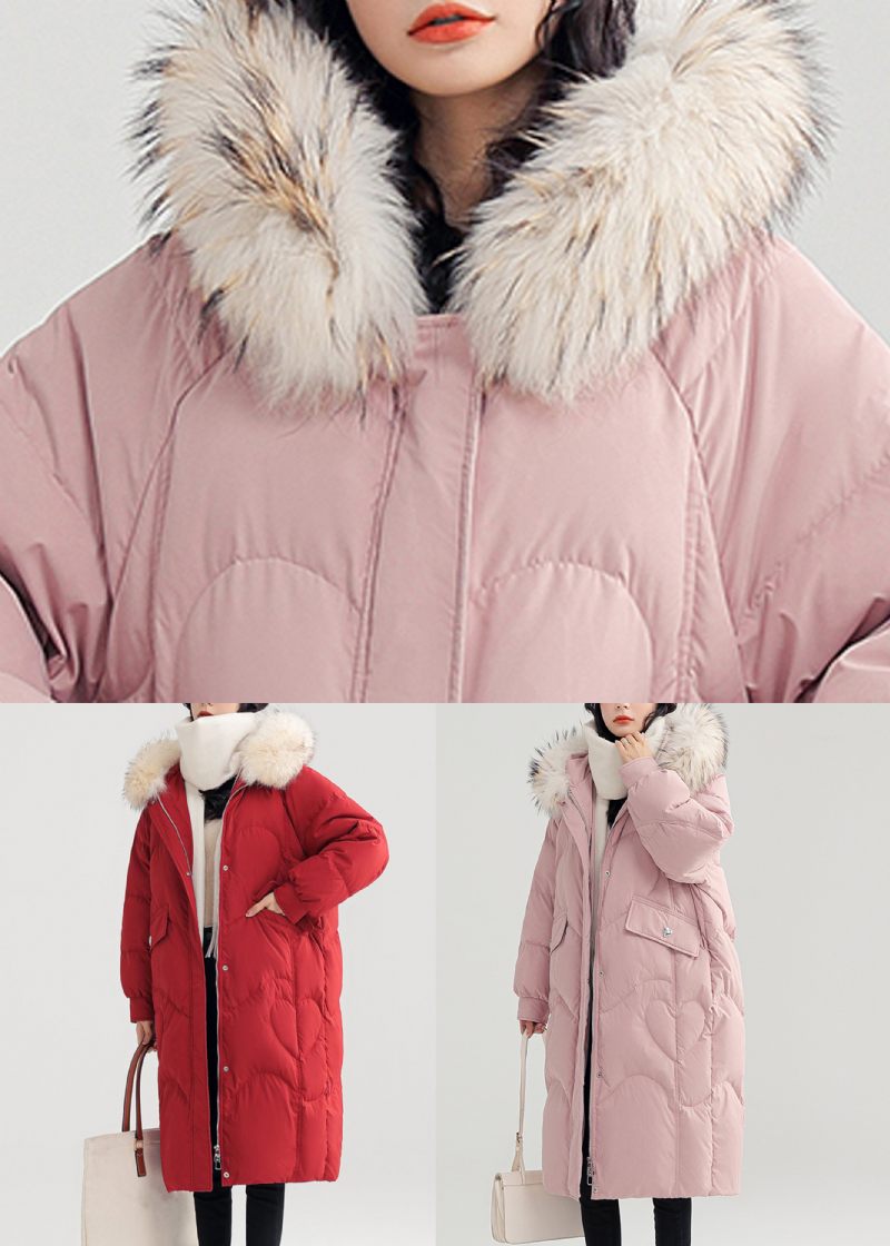 Pink Button Patchwork Duck Down Puffer Coat Zip Up Langærmet - Dame dunjakker