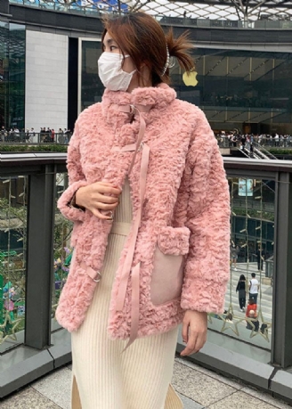 Pink Stand Krave Slips Faux Fur Coat Vinter