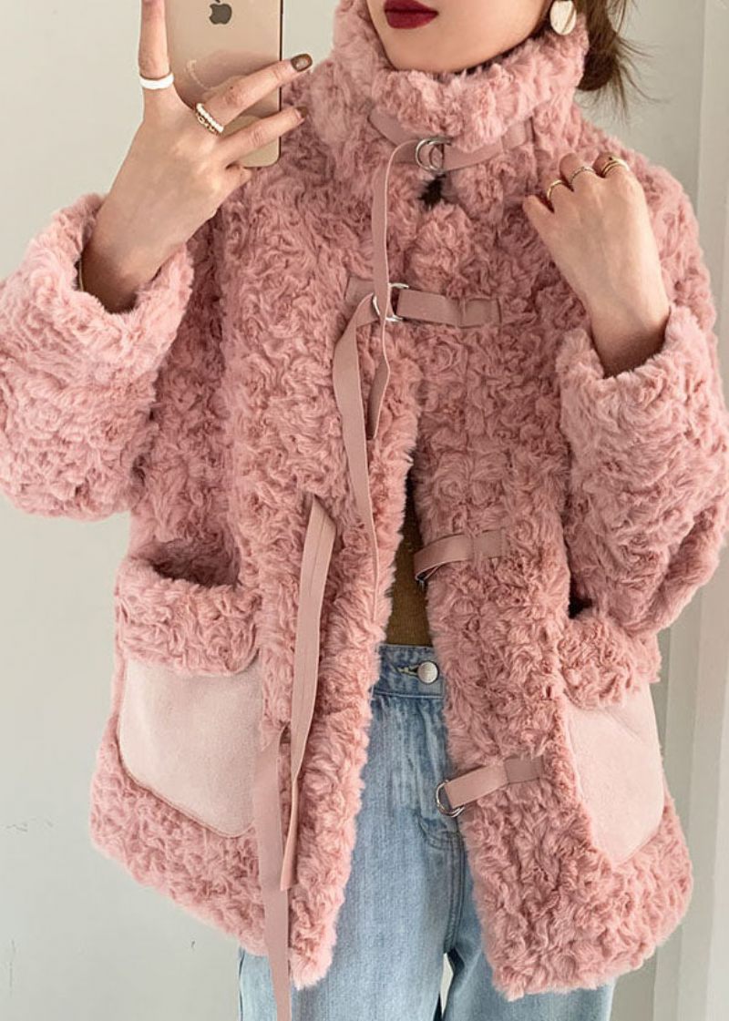 Pink Stand Krave Slips Faux Fur Coat Vinter - Grøn