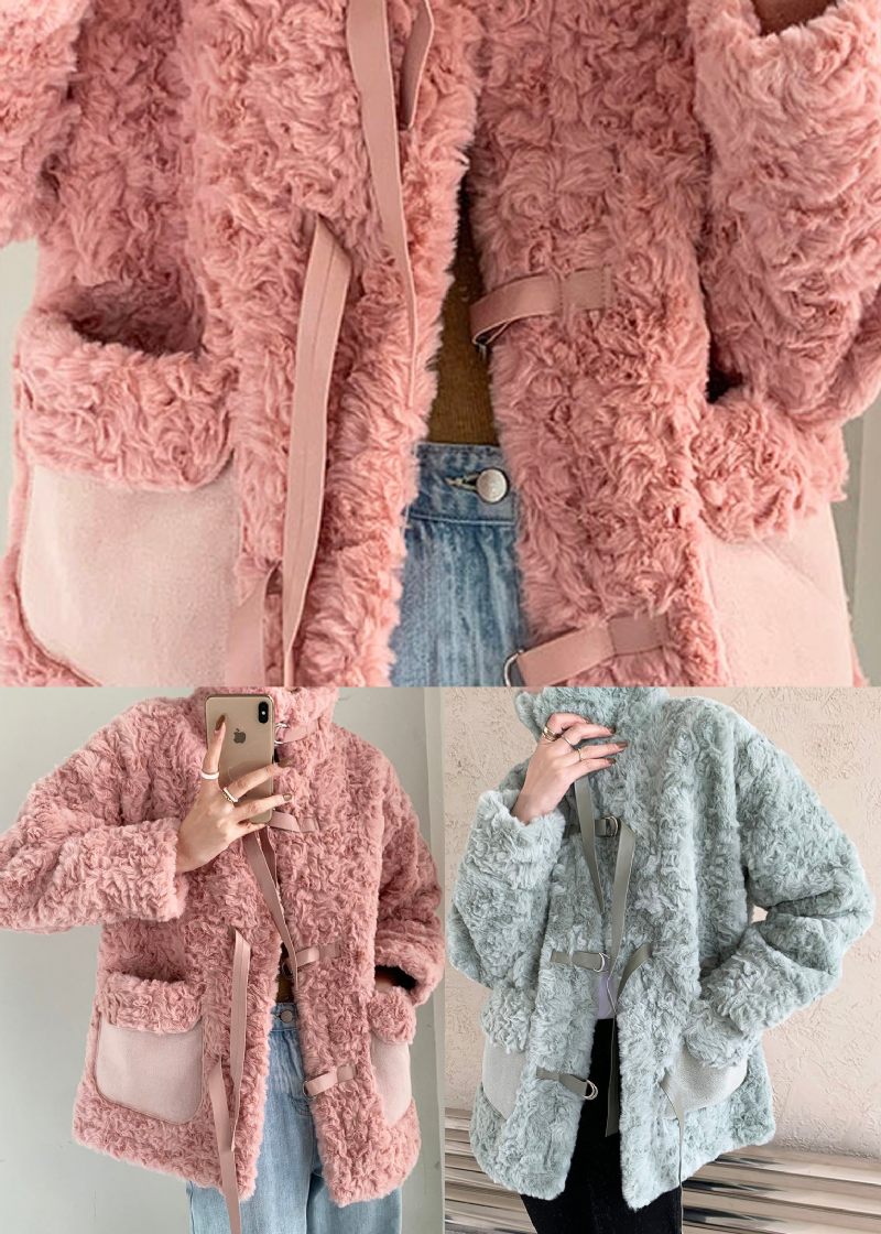 Pink Stand Krave Slips Faux Fur Coat Vinter - Grøn