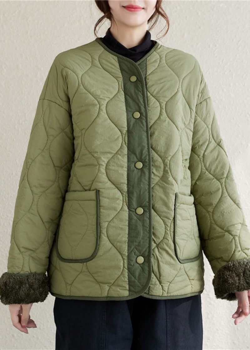 Plus Size Army Grøn O-hals Patchwork Lommer Knap Fleece Uld Foret Parka Vinter - Dame dunjakker