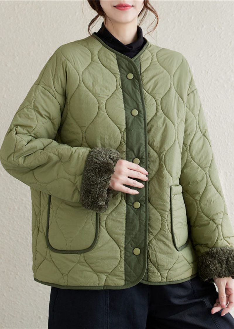 Plus Size Army Grøn O-hals Patchwork Lommer Knap Fleece Uld Foret Parka Vinter - Dame dunjakker