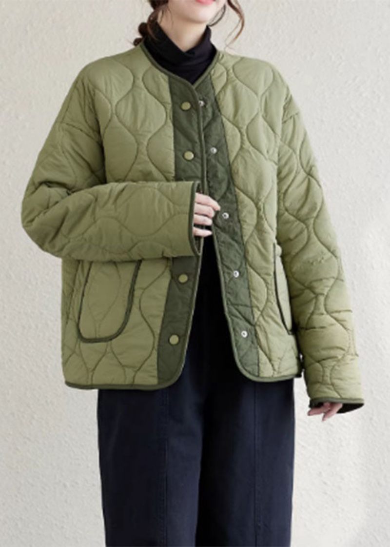 Plus Size Army Grøn O-hals Patchwork Lommer Knap Fleece Uld Foret Parka Vinter - Dame dunjakker