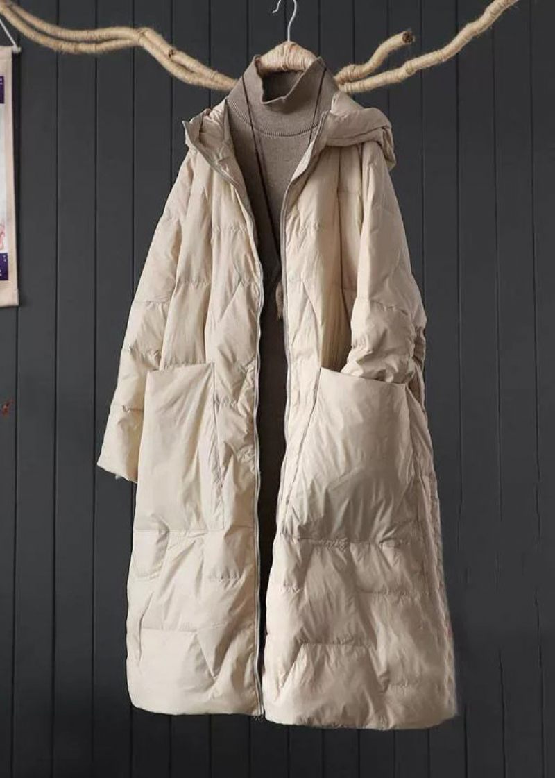 Plus Size Beige Hættelommer Fine Bomuld Fyldt Parkaer Winter