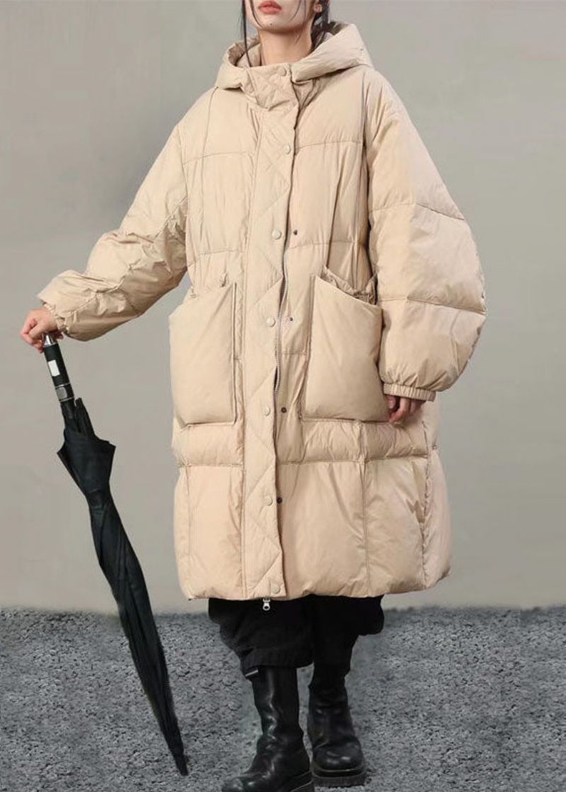 Plus Size Beige Hooded Solid Lommer Duck Down Vinterfrakker