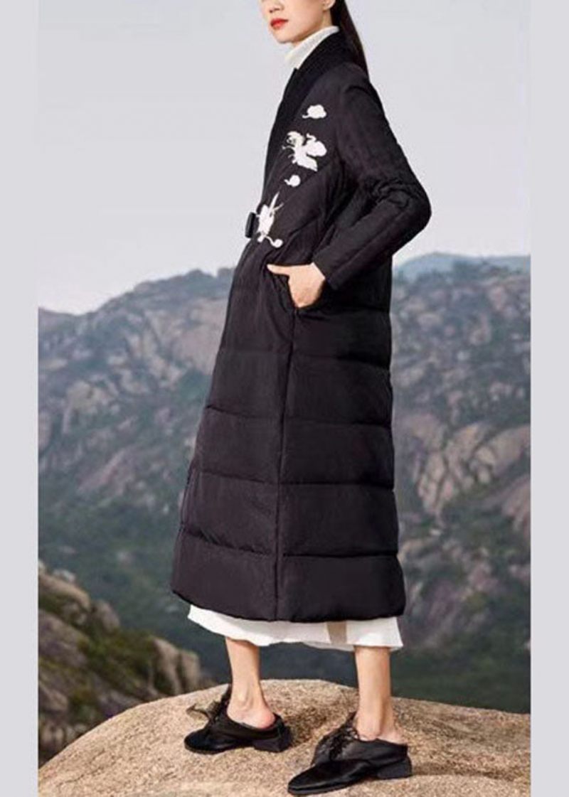 Plus Size Black Broderet Tie Talje Duck Down Puffer Coat Vinter - Sort