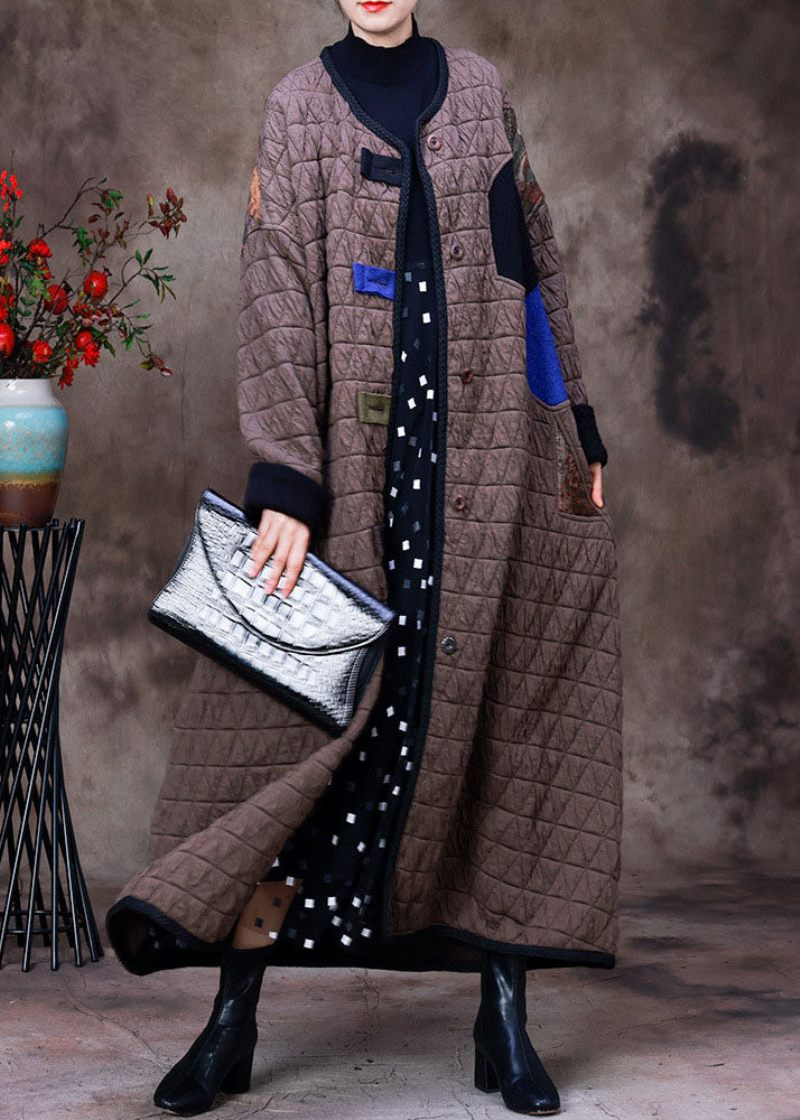 Plus Size Chokolade O-hals Patchwork Applikation Fin Bomuld Fyldt Witner Coat Langærmet