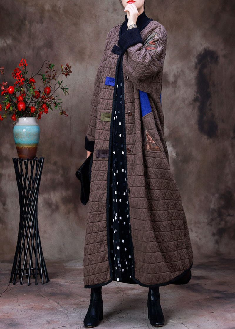 Plus Size Chokolade O-hals Patchwork Applikation Fin Bomuld Fyldt Witner Coat Langærmet - Dame dunjakker