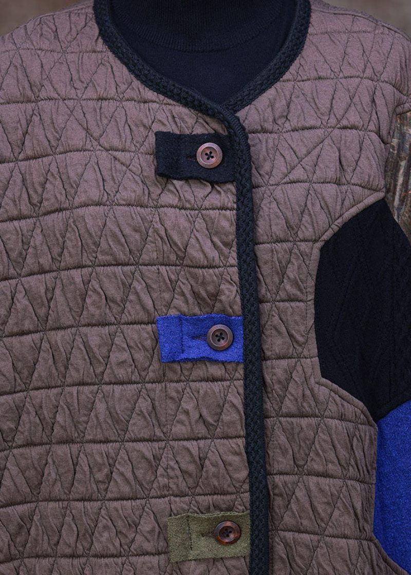 Plus Size Chokolade O-hals Patchwork Applikation Fin Bomuld Fyldt Witner Coat Langærmet - Dame dunjakker