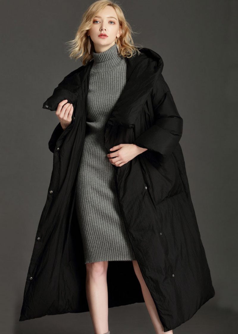 Plus Size Grå Hætte Løs Vinter Duck Down Puffer Coat - Sort