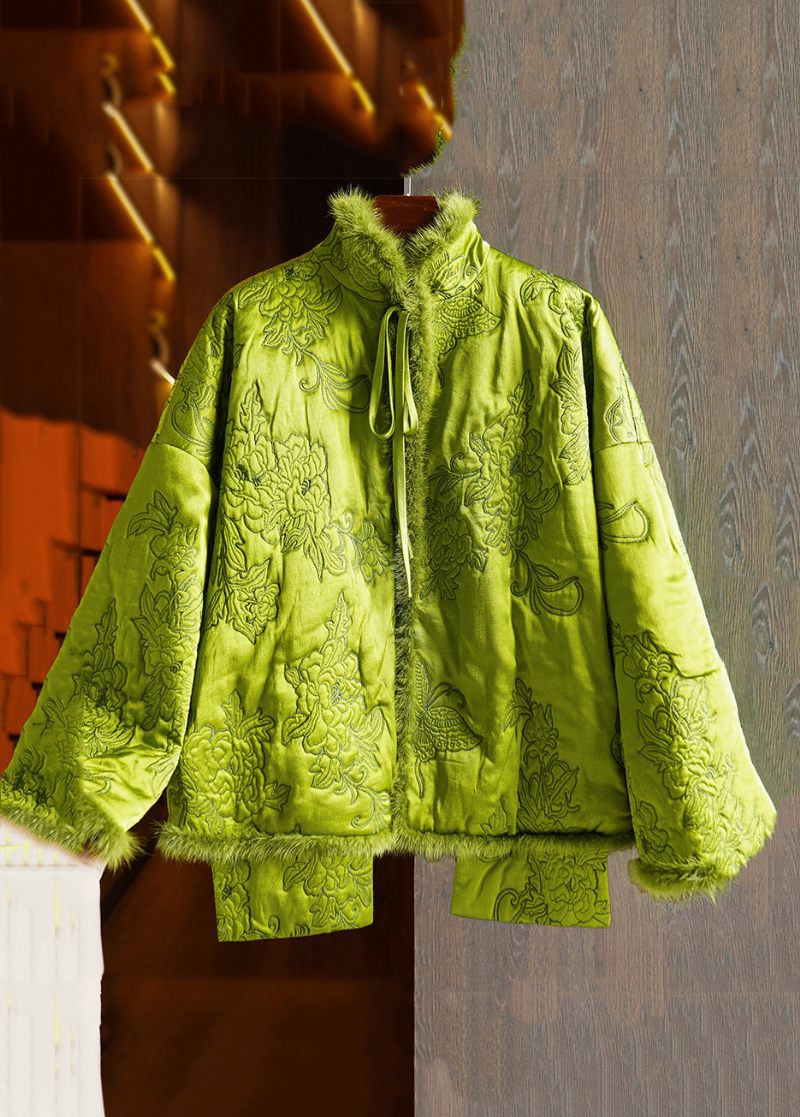 Plus Size Green Lace Up Mink Hair Patchwork Silk Parka Winter - Dame dunjakker