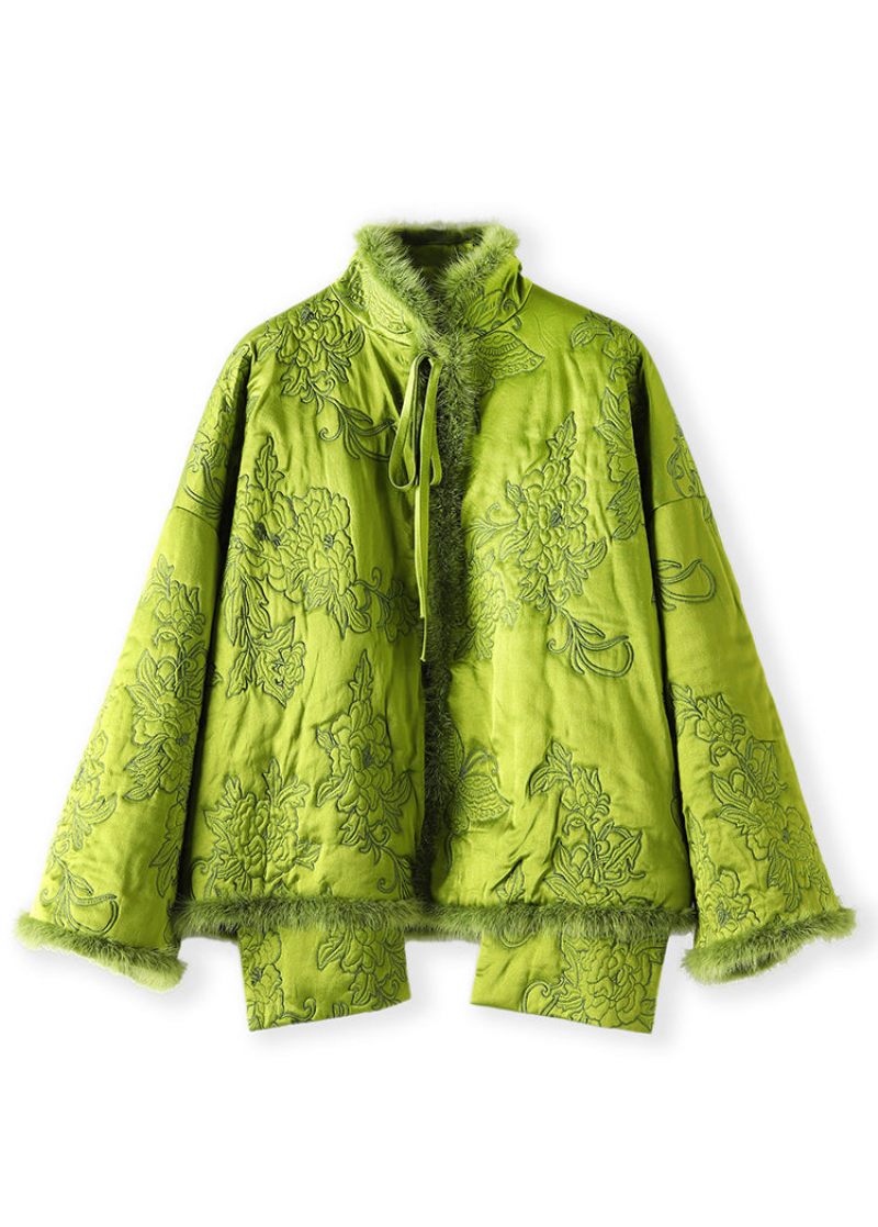 Plus Size Green Lace Up Mink Hair Patchwork Silk Parka Winter - Dame dunjakker