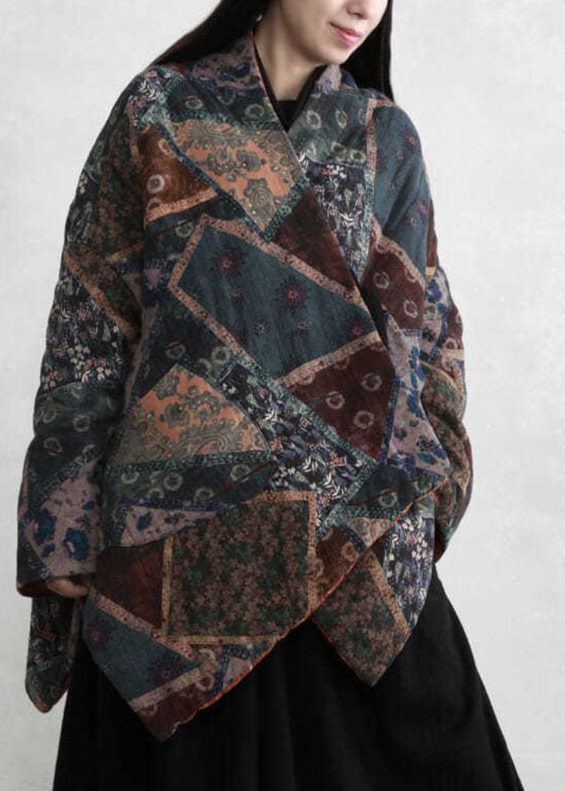 Plus Size Grøn Asymmetrisk Design Print Fine Bomuldsfyldte Frakker Vinter - Dame dunjakker