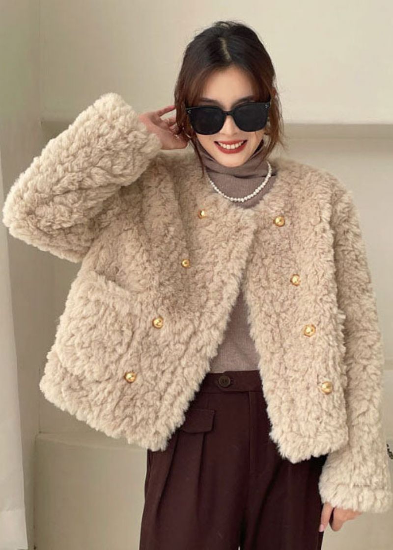 Plus Size Khaki Lommer Faux Fur Vinterfrakker Vinter - Hvid