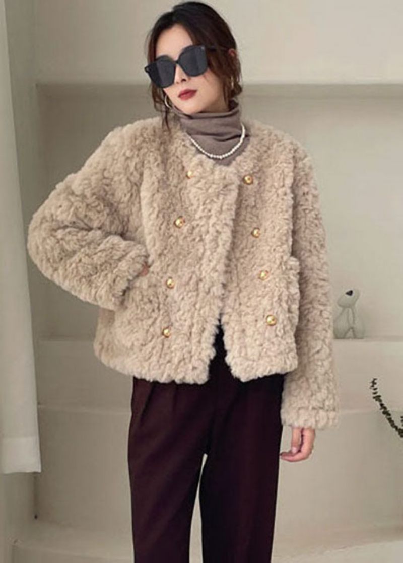 Plus Size Khaki Lommer Faux Fur Vinterfrakker Vinter - Hvid