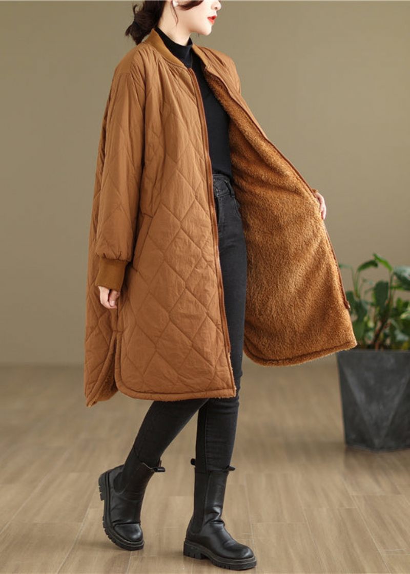 Plus Size Khaki Lommer Lynlås Varm Fleece Dame Frakke Vinter