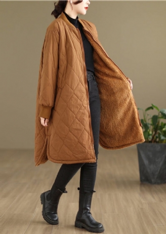 Plus Size Khaki Lommer Lynlås Varm Fleece Dame Frakke Vinter