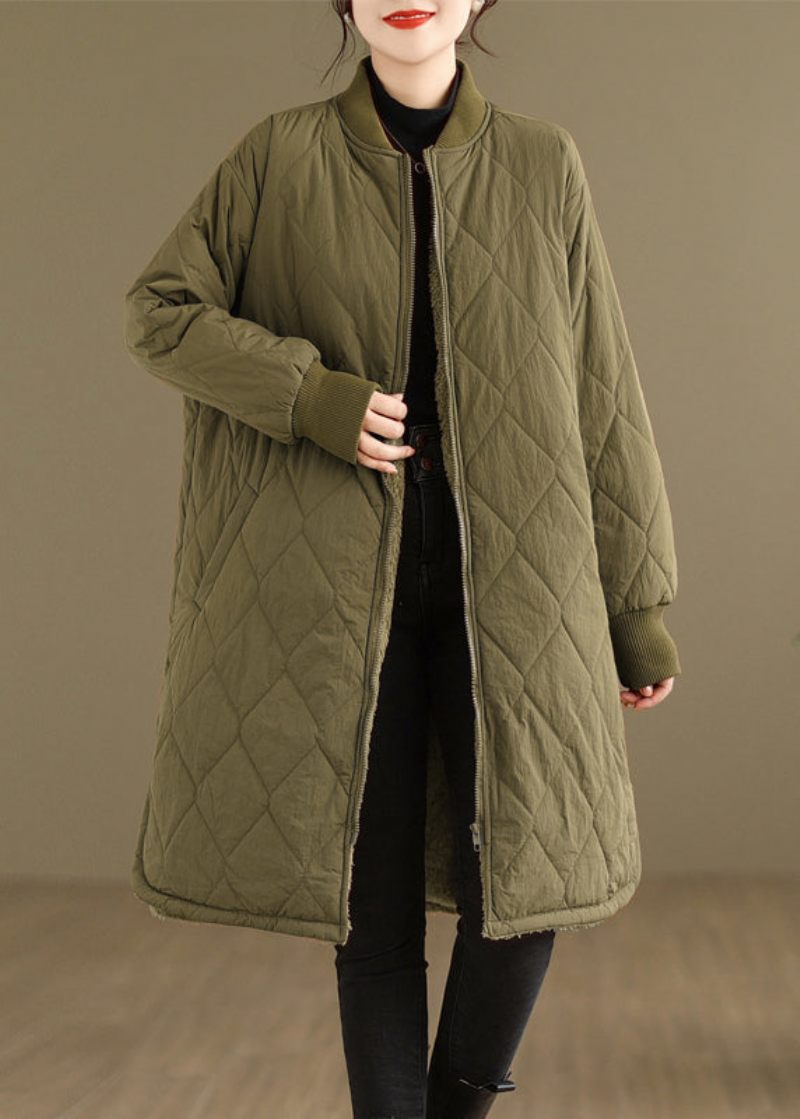 Plus Size Khaki Lommer Lynlås Varm Fleece Dame Frakke Vinter - Dame dunjakker