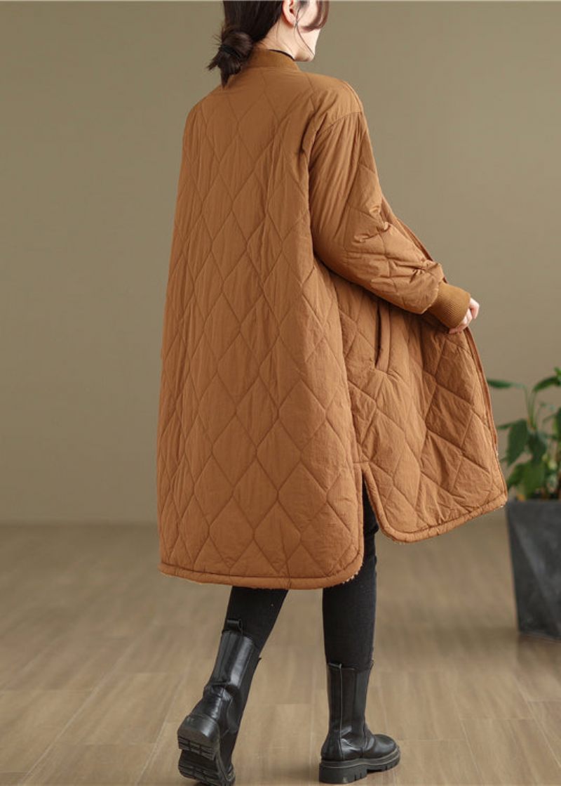 Plus Size Khaki Lommer Lynlås Varm Fleece Dame Frakke Vinter - Dame dunjakker