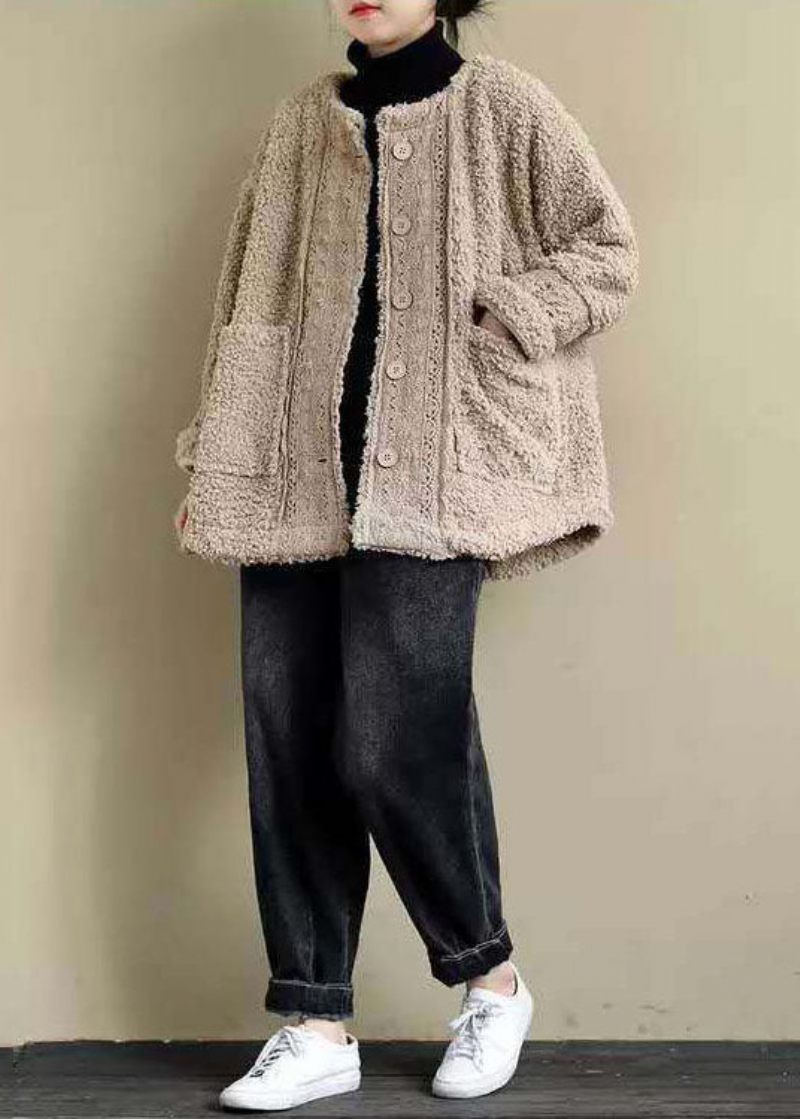 Plus Size Khaki O-hals Lacer Patchwork Teddy Faux Fur Parka Vinter - Dame dunjakker