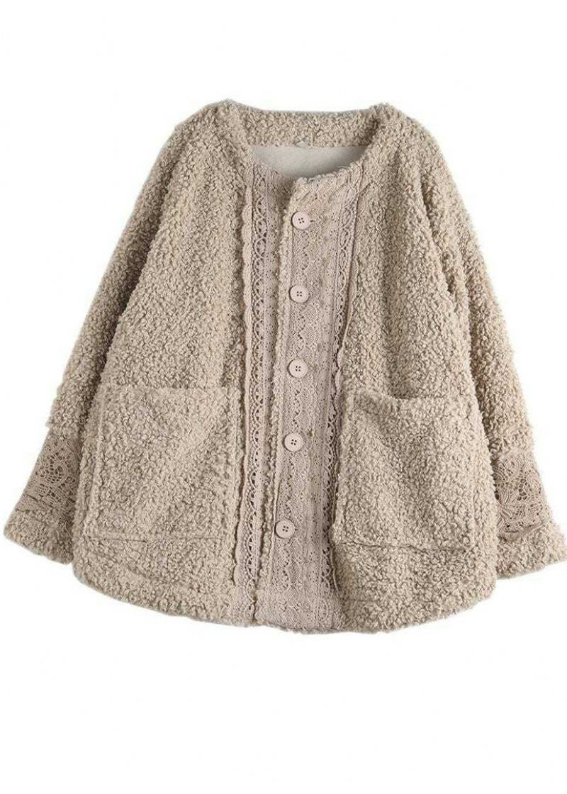 Plus Size Khaki O-hals Lacer Patchwork Teddy Faux Fur Parka Vinter - Dame dunjakker