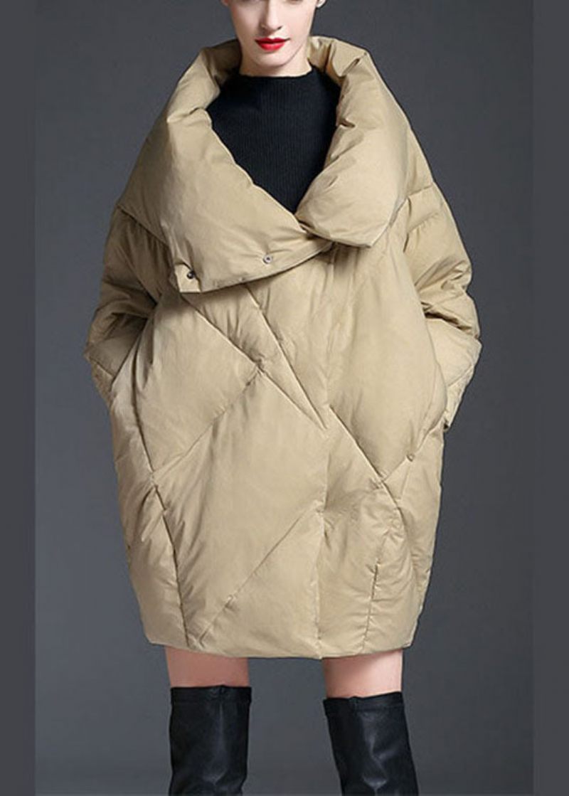 Plus Size Khaki Peter Pan Krave Knap Vinter Duck Down Coat - Kaki