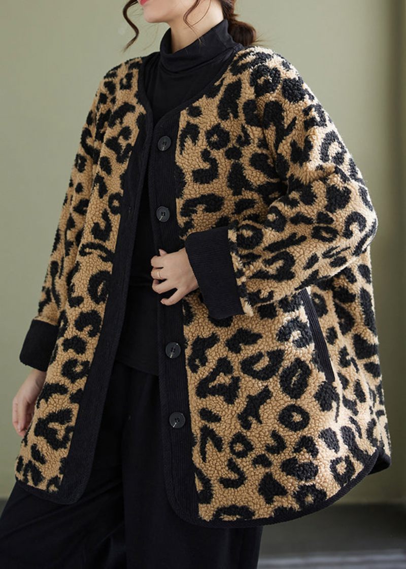 Plus Size Leopardlommer Fine Bomuldsfyldte Faux Fur Frakker Vinter