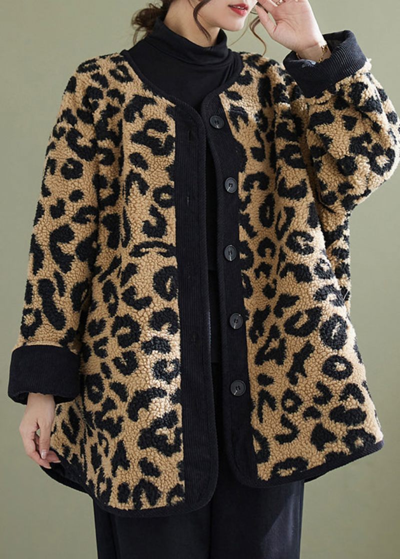 Plus Size Leopardlommer Fine Bomuldsfyldte Faux Fur Frakker Vinter - Dame dunjakker