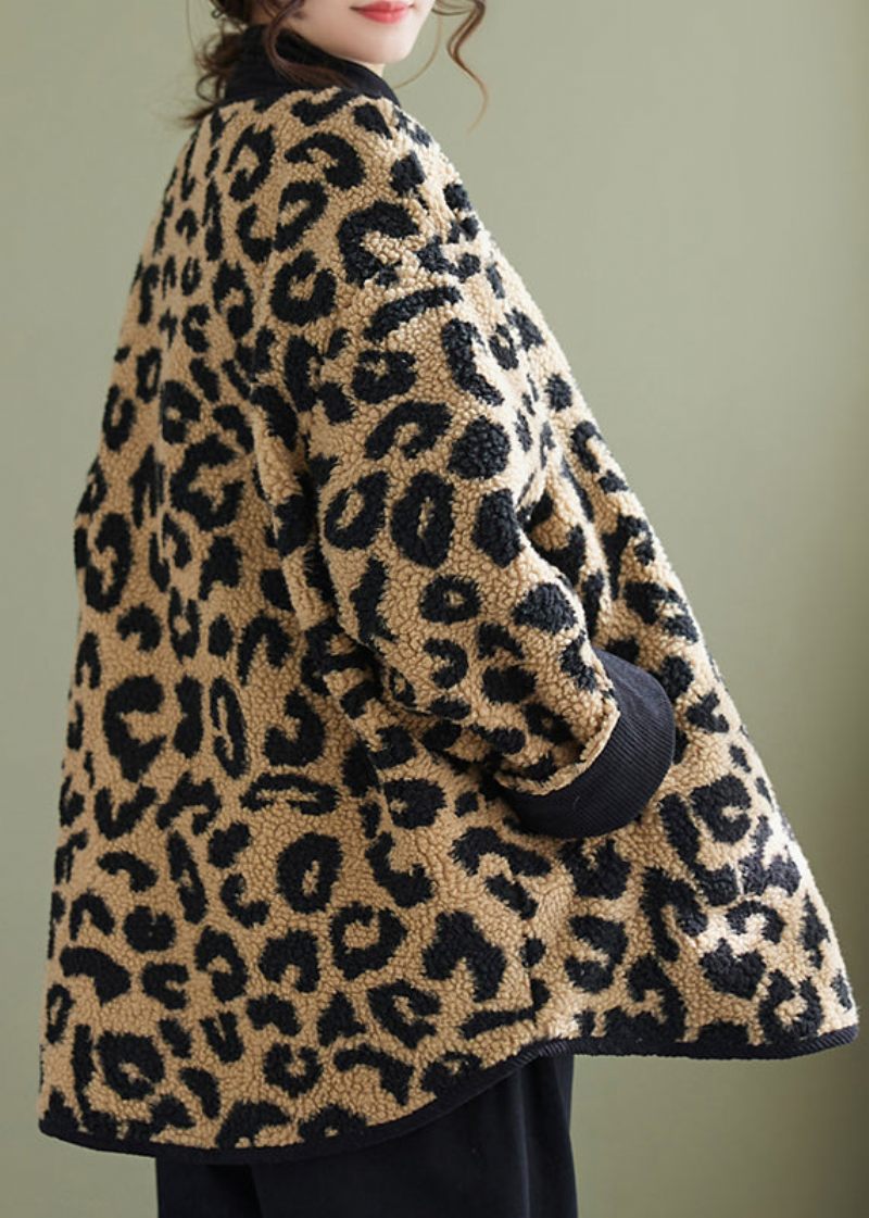 Plus Size Leopardlommer Fine Bomuldsfyldte Faux Fur Frakker Vinter - Dame dunjakker