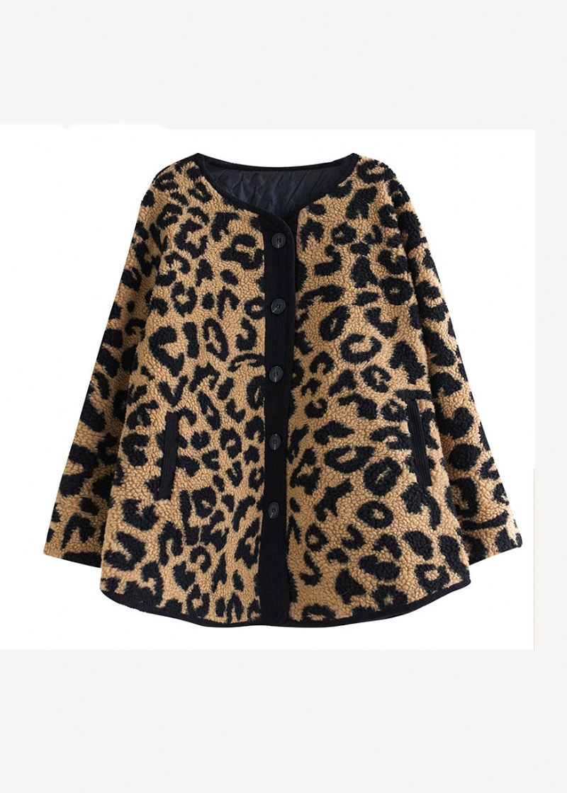 Plus Size Leopardlommer Fine Bomuldsfyldte Faux Fur Frakker Vinter - Dame dunjakker