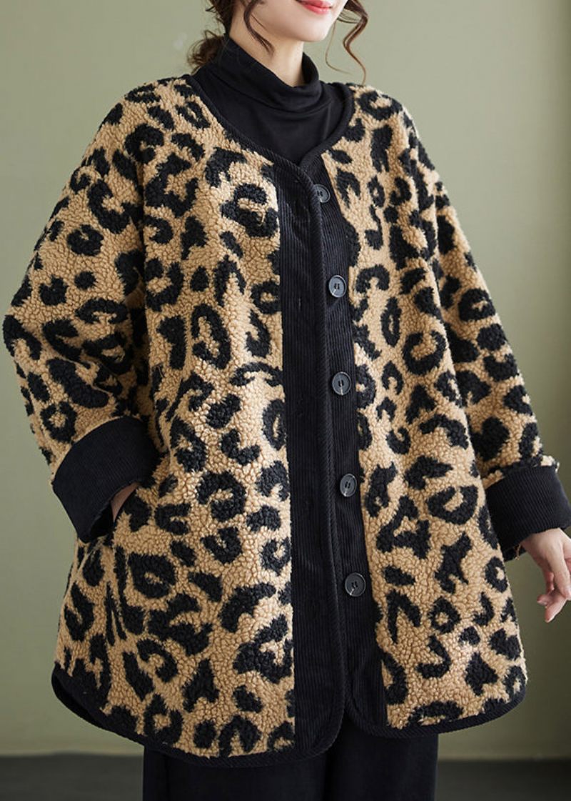 Plus Size Leopardlommer Fine Bomuldsfyldte Faux Fur Frakker Vinter - Dame dunjakker