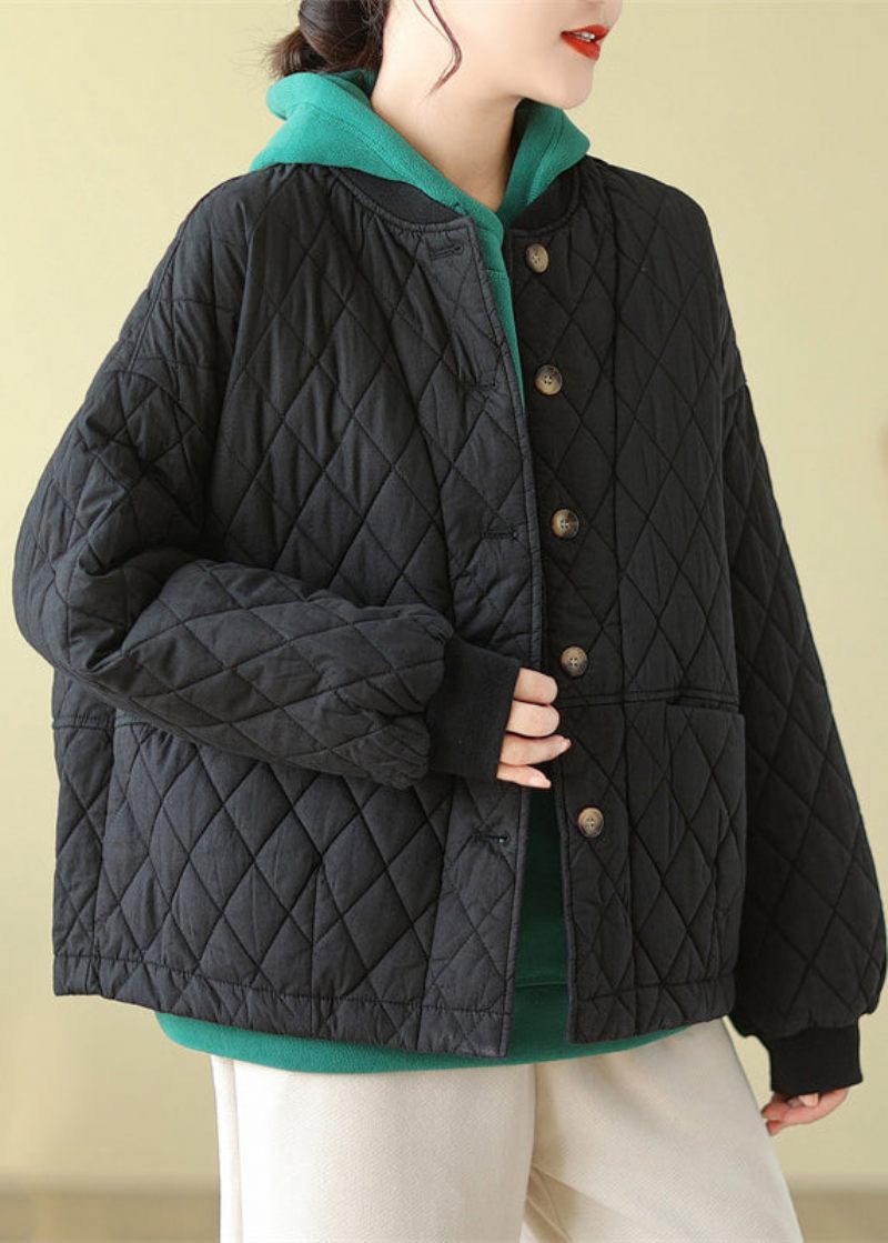 Plus Size Olivenlommer Knap Patchwork Fin Bomuldsfyldt Jakke Vinter - Dame dunjakker