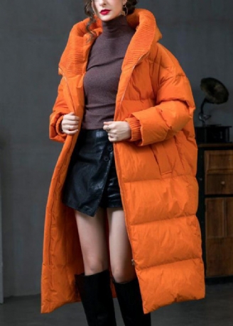 Plus Size Orange Hooded Zip Up Duck Down Coat Langærmet